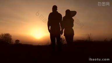 浪漫的<strong>情侣</strong>牵着手，在草地上欣赏日落的剪影，迷人的<strong>情侣</strong>站在